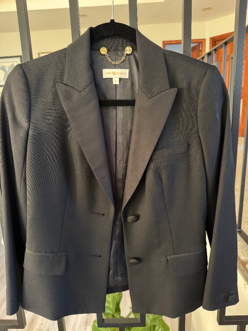 Tory Burch Black Wool Tuxedo Blazer Logo Collar Chain Size 0
